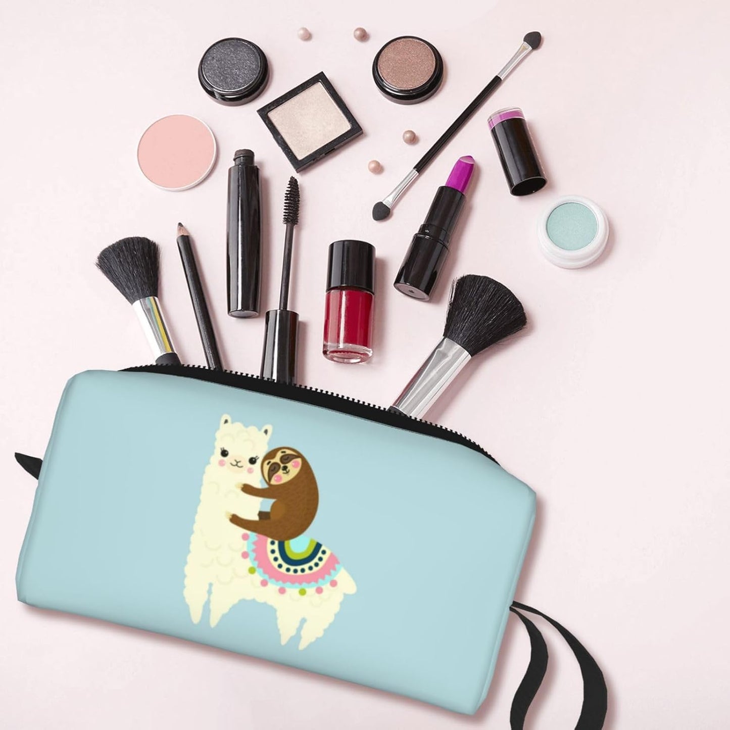 Cute Alpaca & Sloth Makeup Bag Organizer Small Travel Cosmetic Bags Compact Durable Oxford Fabric Multi-Purpose Storage Perfect for Travel, Gym, Daily Use