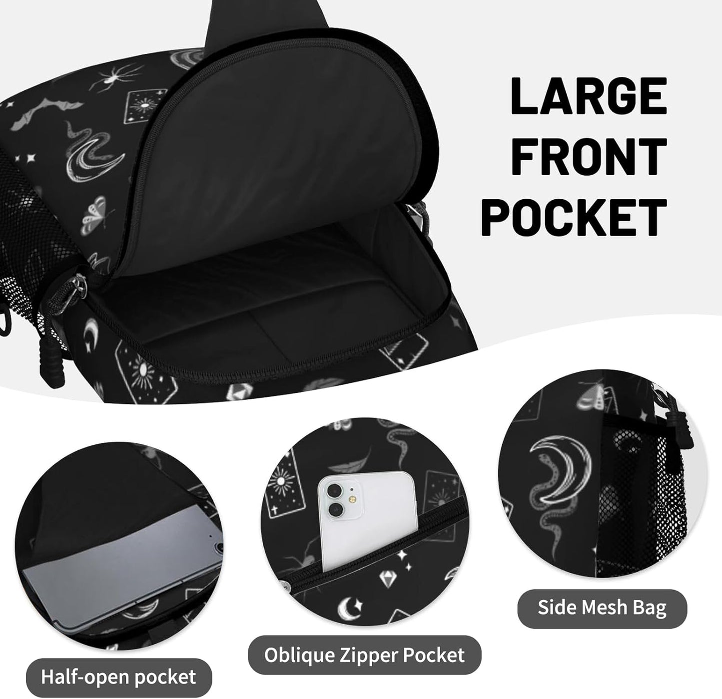 Black Gothic Sling Bag Crossbody Chest Bag for Women Men, Water Resistant Lightweight Casual Crossbody Bag with Adjustable Strap, Travel Hiking Daypack Shoulder Backpack