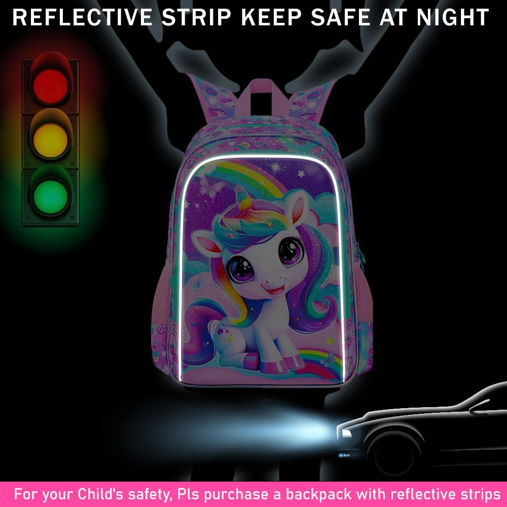 3PCS Unicorn Backpack for Girls, Water Resistant Kids Bookbag Set with Lunch Box, Cute School Bag for Preschool Toddler
