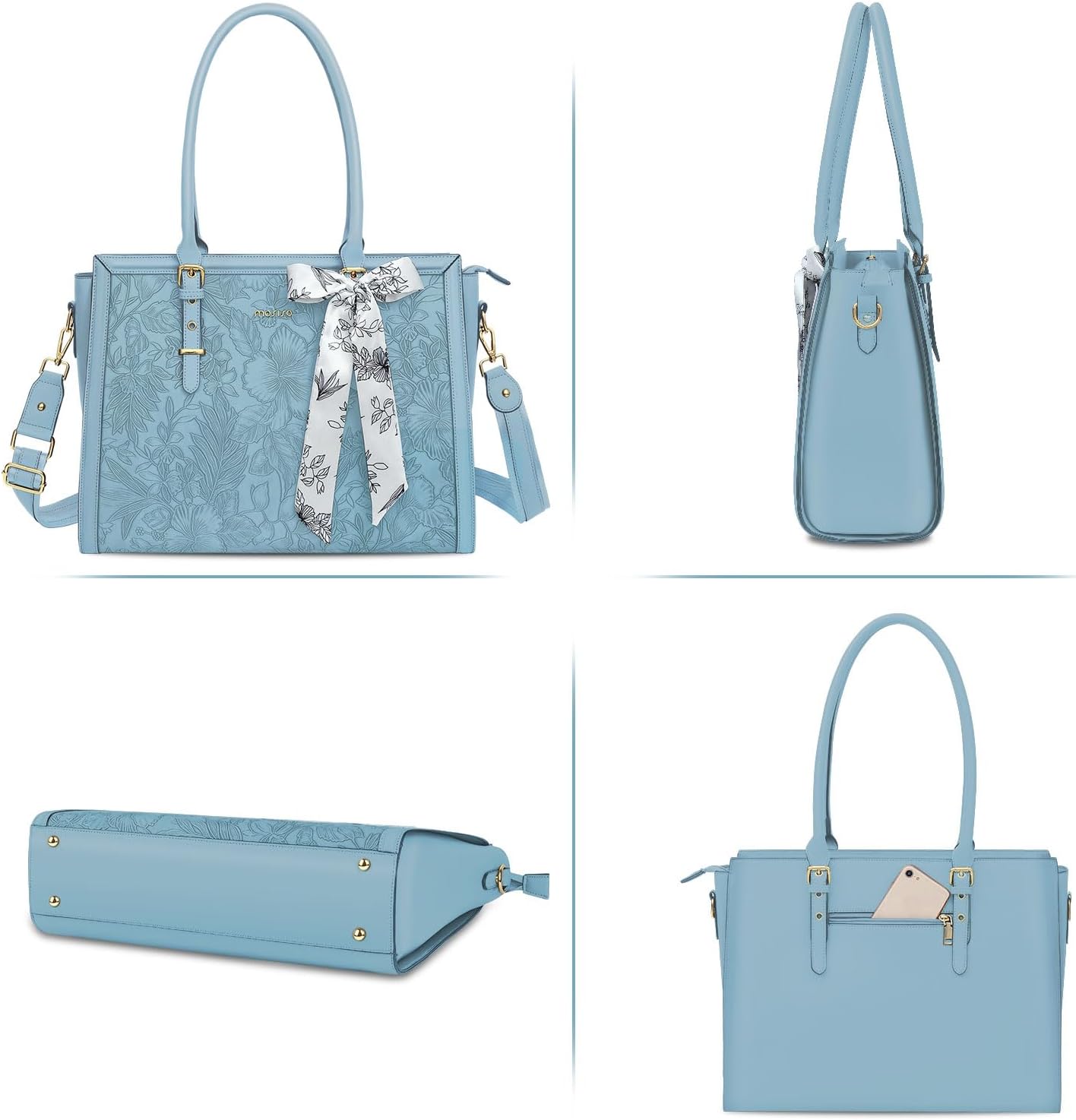 MOSISO Laptop Bag for Women, PU Leather Tote Bag, Front Embossed Retro Hibiscus Computer Bags with Silk Scarf&Clutch Purse