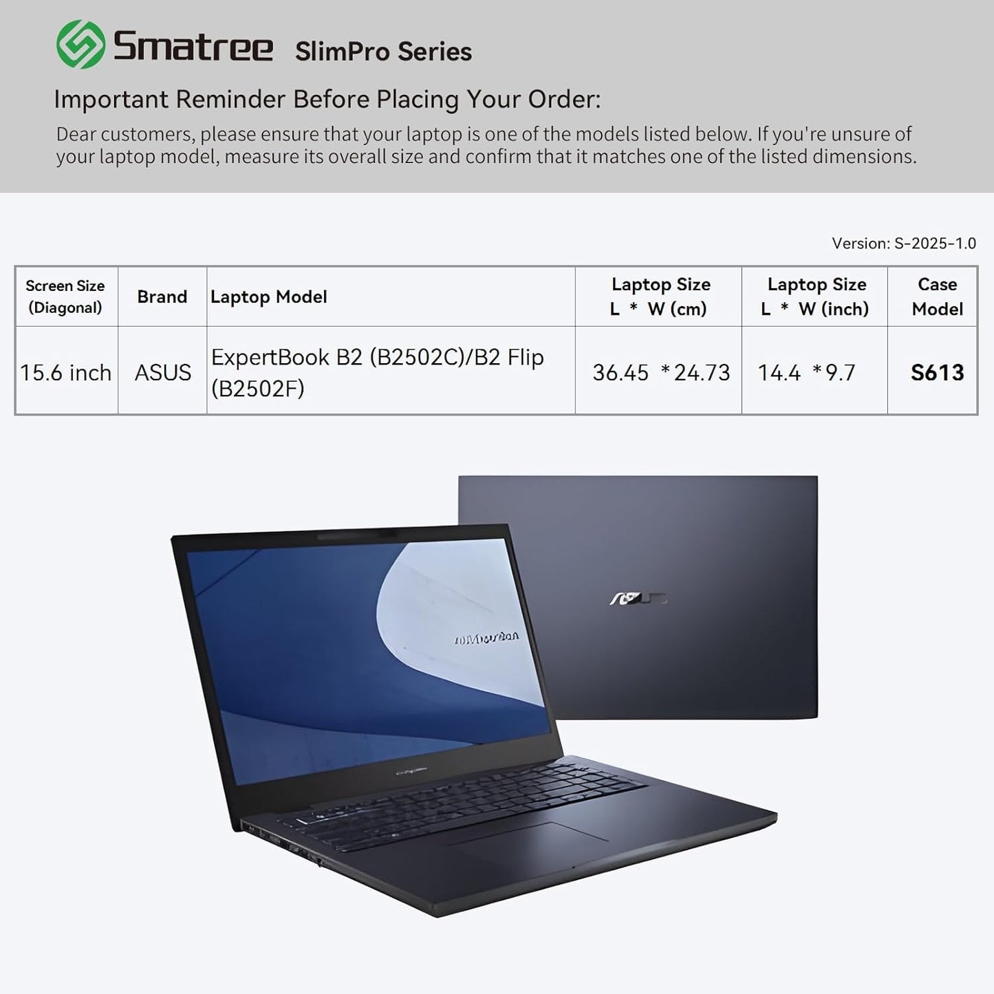 Smatree SlimPro Laptop Sleeve Case for 15.6 inch ASUS ExpertBook B2 B2502C/B2 Flip B2502F, ASUS Laptop Case with Swift-Access Accessory Pocket, Patented Super-Corner Design, Light Grey (S613LG)