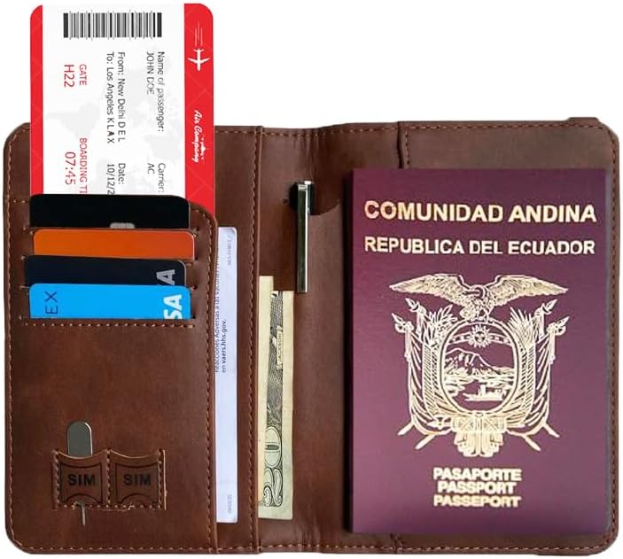 Passport Holder. GENUINE TOP GRAIN LEATHER. Luxury Gift Box. Pen, and SIM Card Removal Tool Included/Travel Wallet (Ecaudorian-brown)