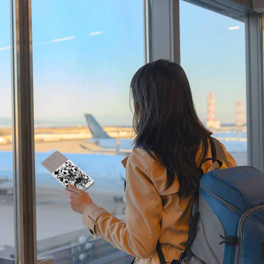 Football Pattern Passport Holder for Travel Black and White Abstract Soccer PU Leather Passport Cover Wallet Cute Passport Card Holder for Women and Men