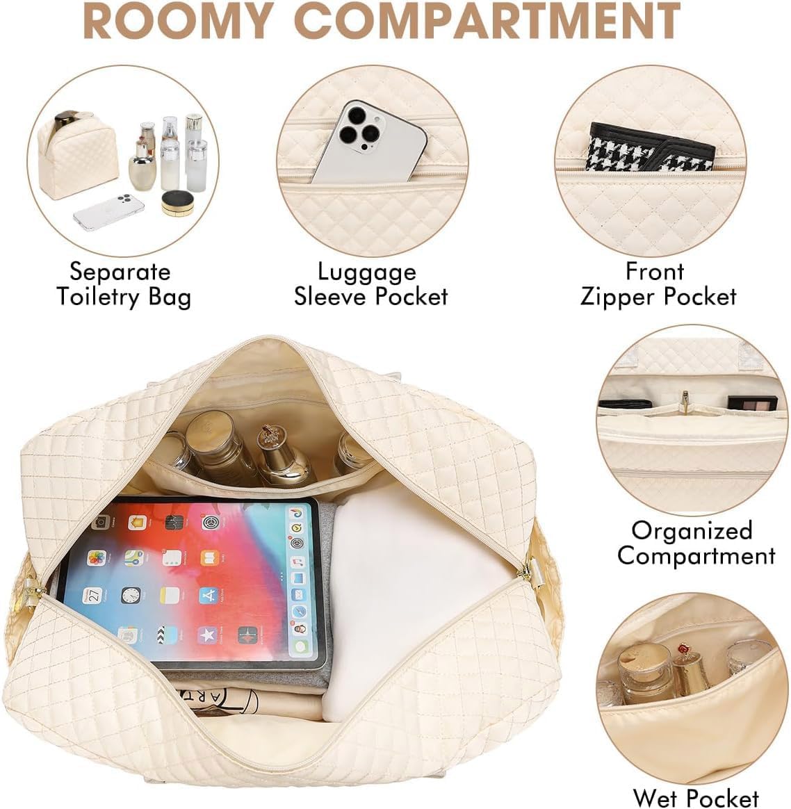 Weekender Overnight Bag Women: Large Travel Duffle Bag with Shoe Compartment & Wet Pocket Carry On Tote Bag Gym Duffel Bag with Toiletry Bag Bag for Hospital Beige