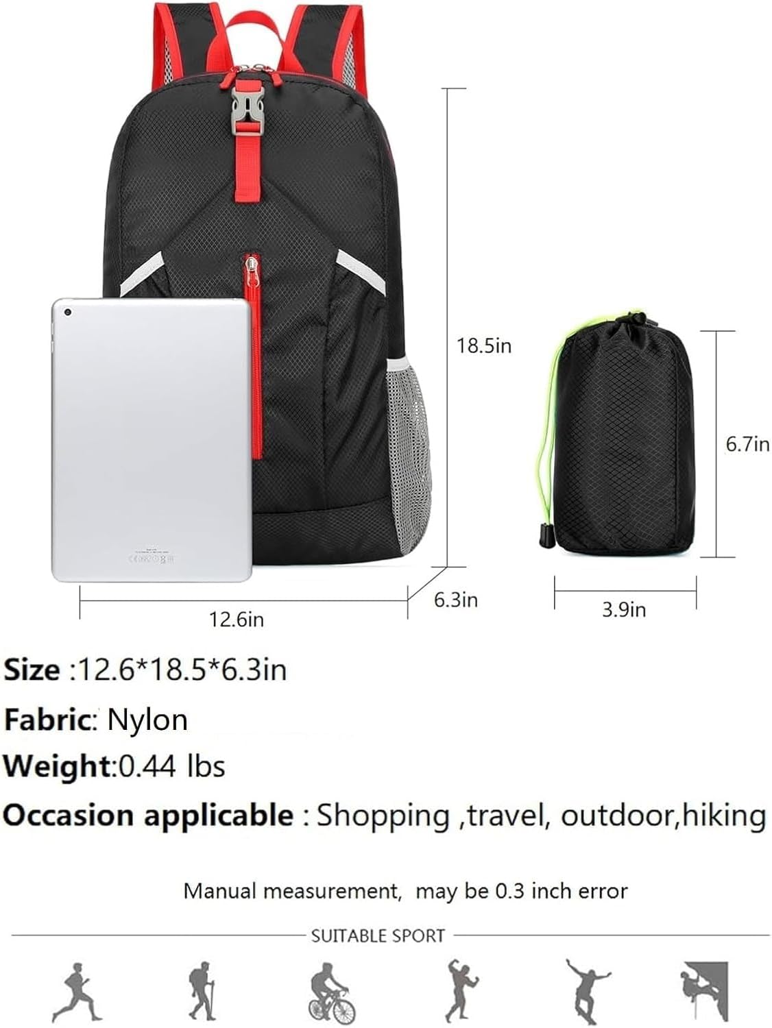 25L Foldable Hiking Backpack Lightweight Packable Basic-Daypack Collapsible Bag Water-Resistant Travel Men Women Camping Cycling Outdoor (Black)