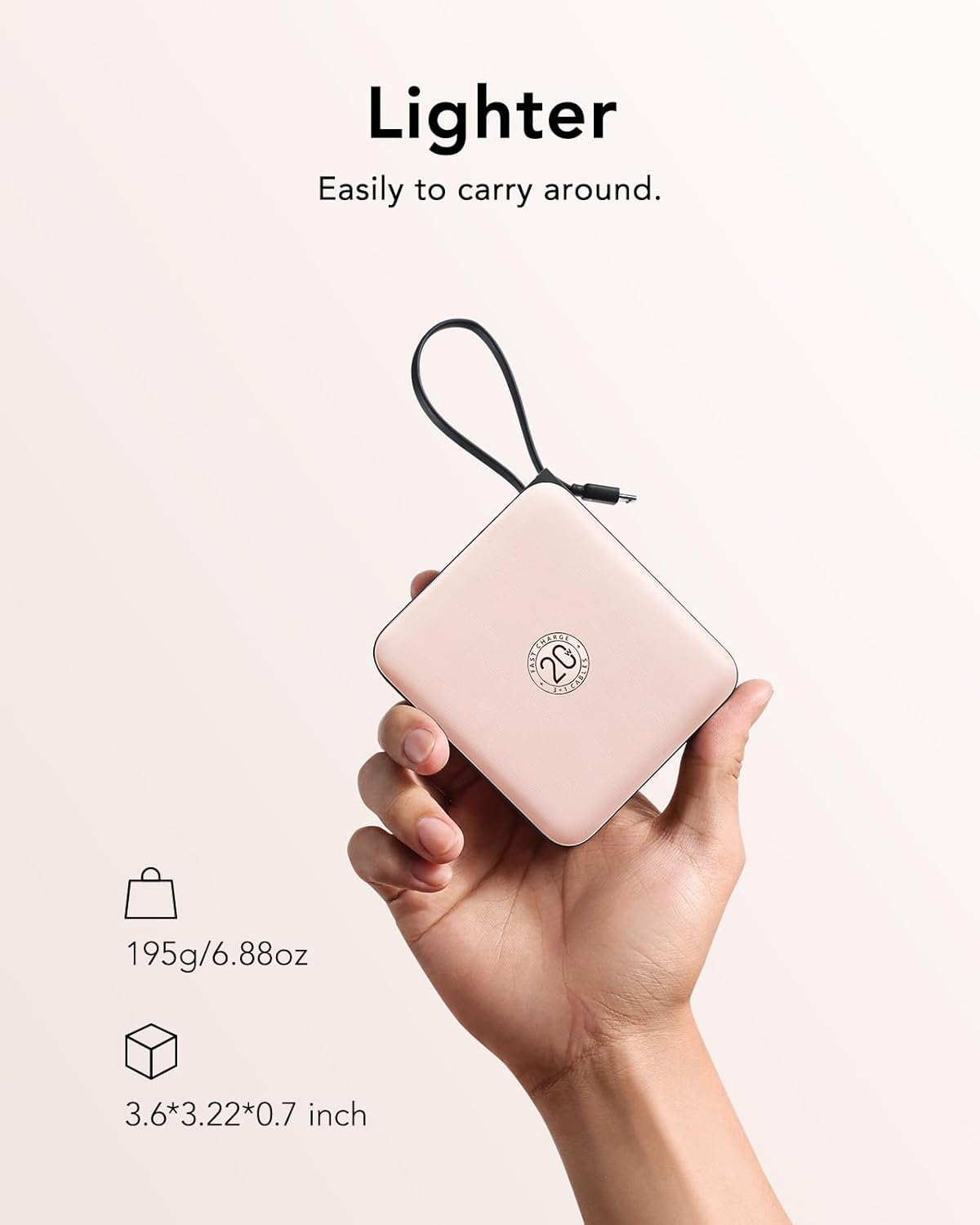 VRURC Mini Portable Charger, 22.5W USB C Fast Charging 10000mAh Pocket Power Bank with Built-in Cable, Battery Pack for iPhone 16 15 14 13 Samsung Galaxy S23 S22 Google Android, Pink(1 Pack)