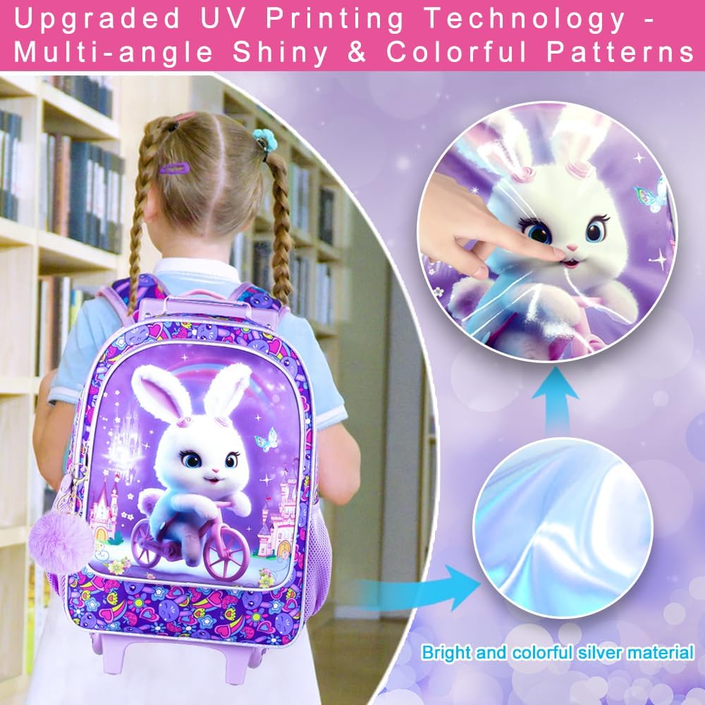 3PCS Rolling Backpack for Girls and Boys, Kids Roller Wheels Bookbag, Wheeled Elementary School Bag with Lunch Bag