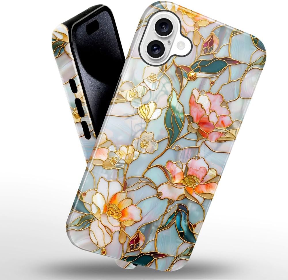Case for iPhone 16 - Slim Fit Anti-Scratch Phone Case for Girl Women - Stained Glass Aesthetic Flowers (Glossy)