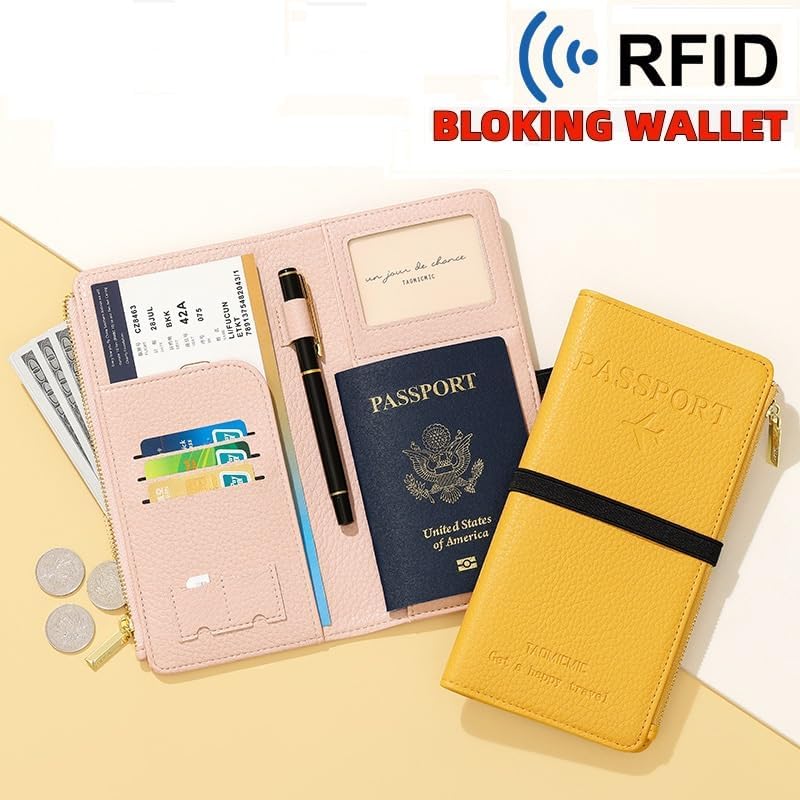 DOB SECHS Leather Passport Holder for Women, RFID Blocking Passport Wallet Credit Cards Case, Travel Accessories Organizer Pouch Bag with ID Window+Zippered Cash Pocket+SIM Slots, Green
