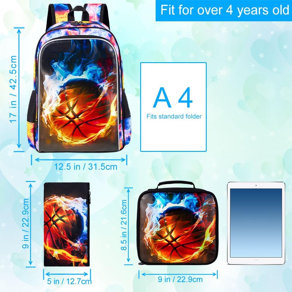 UFNDC 3PCS Kids Basketball Backpack, Boys Fire School Bag with Lunch Box, 17" Water Resistant Bookbag for Teenagers Elementary Middle