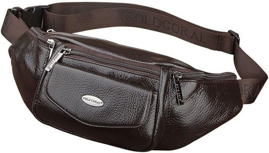 Hebetag Leather Fanny Pack Waist Bag for Men Women Slim Bumbag Waist Packs Outdoor Travel Hiking Casual Pouch Day Pack, Coffee
