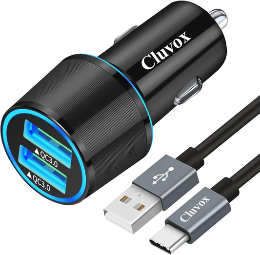 Fast USB Car Charger for Samsung Galaxy A55/A54/A53/A50/A15/A14/S25/S24/S23/S22/S21 Plus/Ultra/S10/S9/S8/Note 20/A10S/A21/A31/A51 Quick Charge 3.0 Dual USB Rapid Car Charger with Type C Cable 3.3ft
