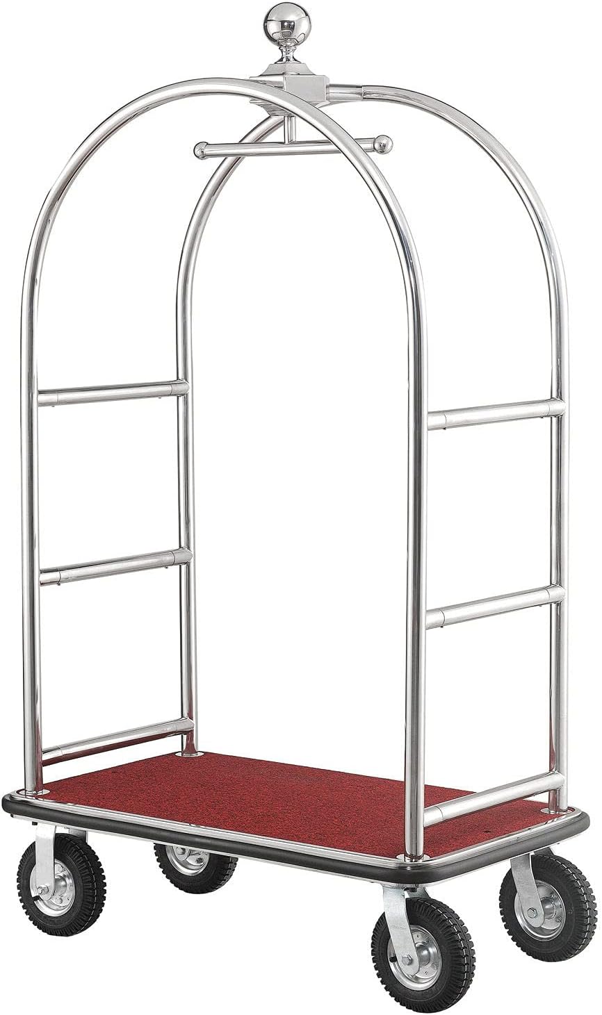 Global Industrial Silver Stainless Steel Bellman Cart Curved Uprights 8" Pneumatic Casters, 41-1/4"L x 24" W x 75" H, Hotel Luggage Cart for Commercial Use, Condos, Resorts