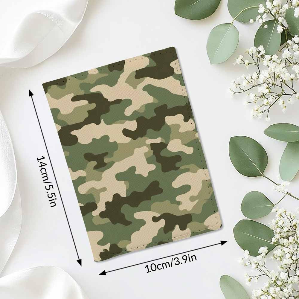Camouflage Passport Holder for Travel Green Beige Camo Print PU Leather Passport Cover Wallet Cute Passport Card Holder for Women and Men