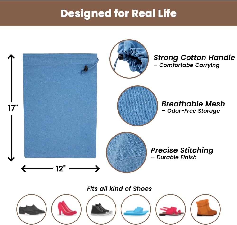 LFH Cotton Rich Shoe Storage Bags with Drawstring, Breathable Reusable Organizer, Perfect For Travel, Dorm, Hotel, College, Gym, Easy to Carry, Machine Washable 12"x17" (Pack of 4) - Sky Blue