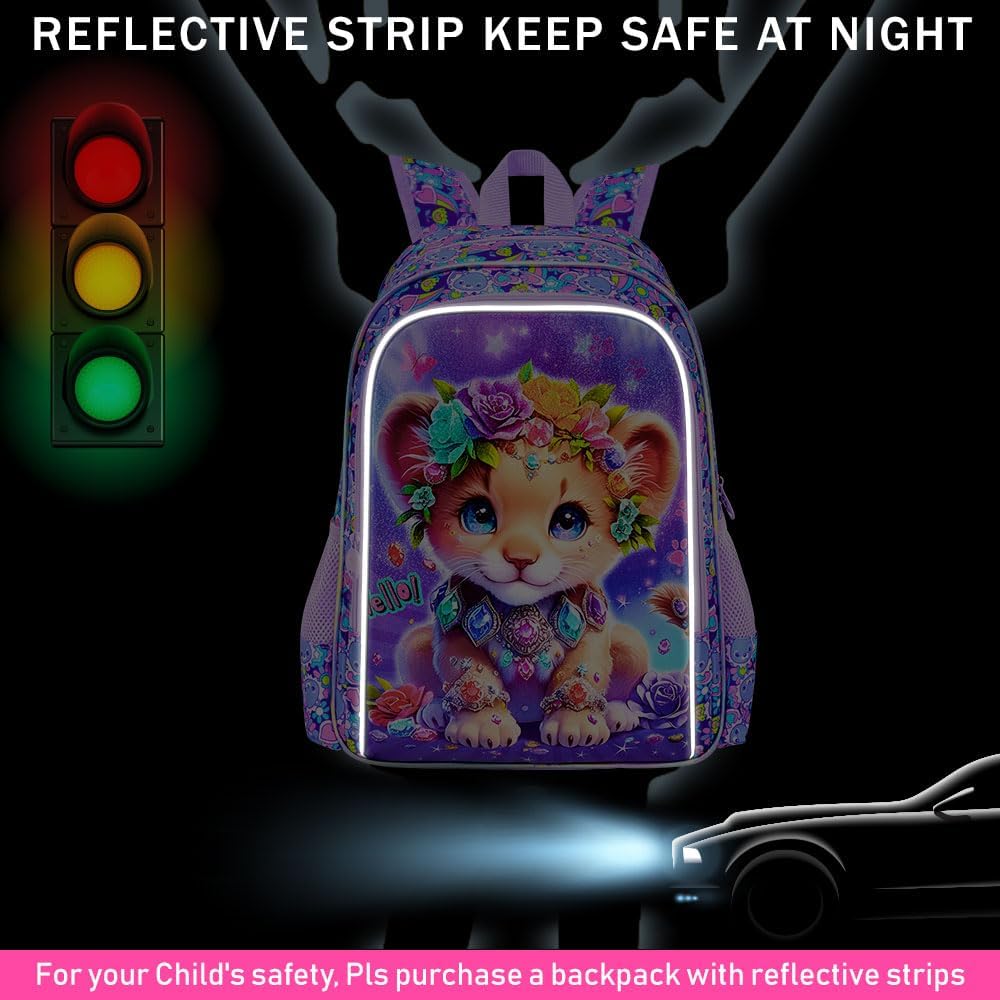 3Pcs Backpack for Girls, 16" Kids Bookbag with Lunch Box，Lion School Backpacks for Elementary Preschool Kindergarten (Purple)
