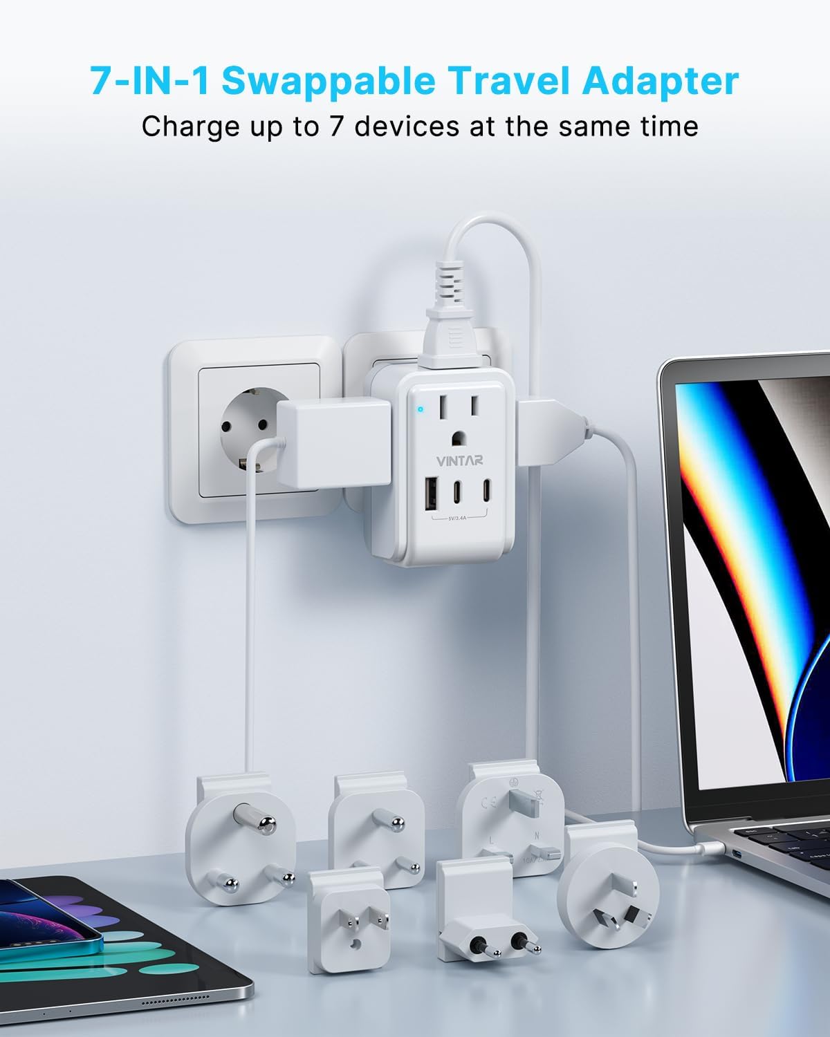 VINTAR Universal Travel Adapter Kit, 3ft Detachable Extension Cord with 4 AC Outlets & 3 USB(2 USB