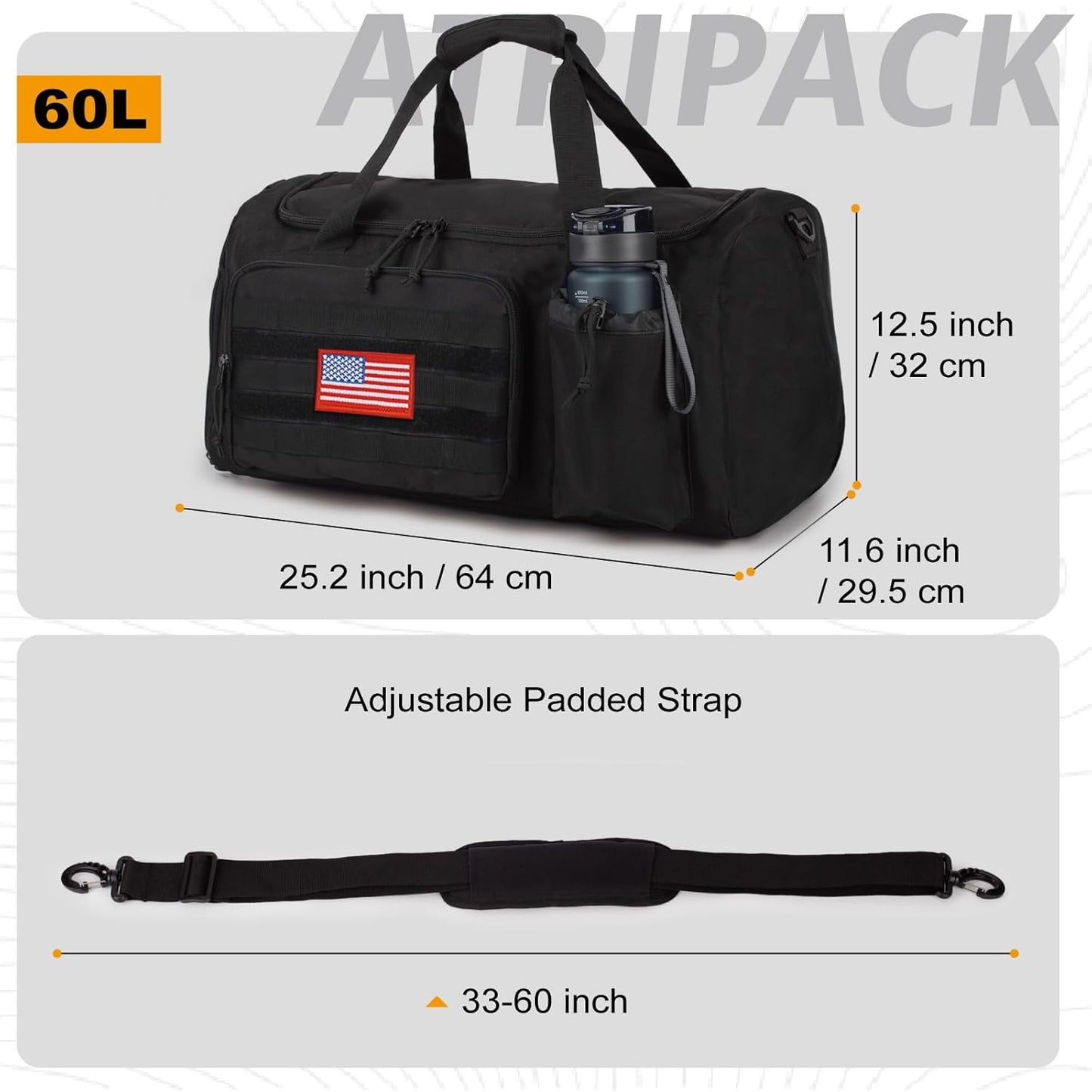Tactical Gym Bag for Men, 60L Large Capacity Duffle Bags with Shoes Compartment, Sports Bag with wet compartment, Multi-functional Weekend Bags Suitable for Travel, Camping,hiking