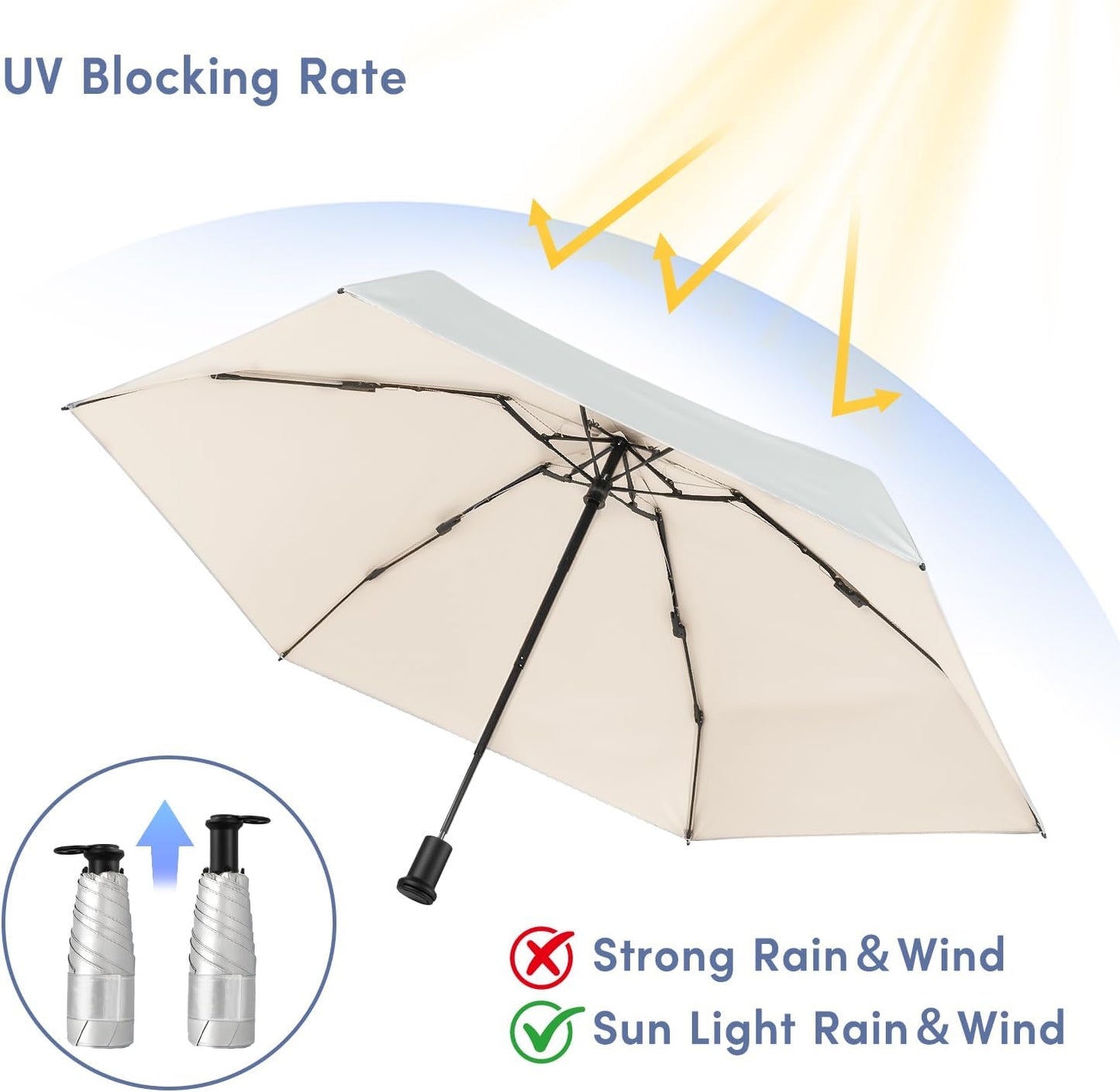 LEAGERA UPF 50+ Mini Umbrella for Travel - Compact Folding Sun Umbrella for Walking Summer Lightweight Purse Small Umbrellas for Women Girls