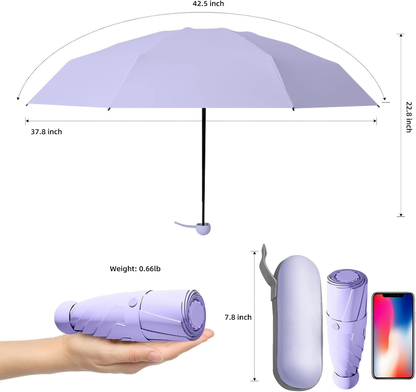 Travel Mini Folding Compact Umbrella with Case, 8 Ribs Lightweight Portable, Small Sun & Rain Pocket Umbrella for Girls and Women