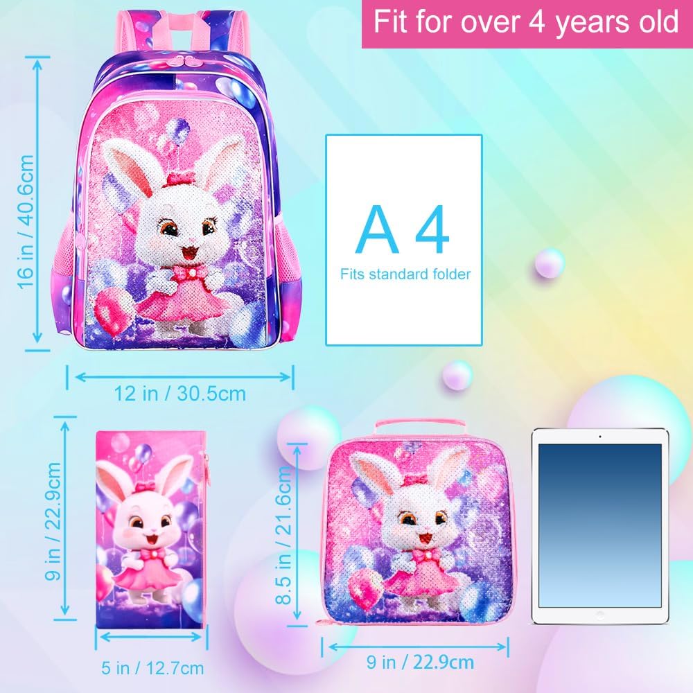 3Pcs Backpack for Girls, 16" Sequins Kids Bookbag with Lunch Box, Bunny School Backpacks for Elementary Preschool Kindergarten (Pink)