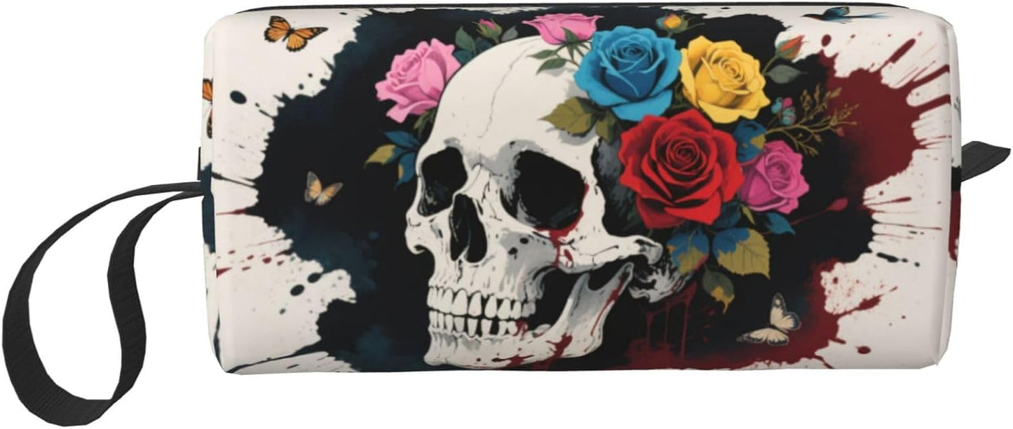 Bold Skull & Roses Makeup Bag Small Compact & Durable Travel Cosmetic Bag Organizer Oxford Fabric Impact-Resistant Multi-Purpose Storage Perfect for Travel, Gym, Daily Use
