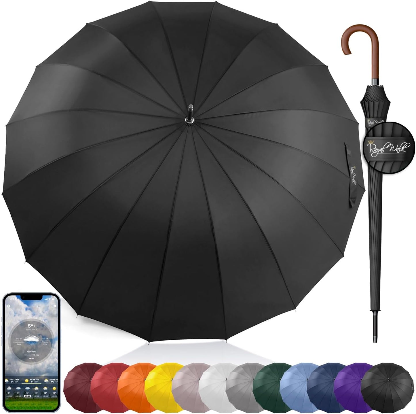 Royal Walk Windproof Large Umbrella for Rain 54 Inch Automatic Open for 2 Persons Wind Resistant Big Golf Umbrellas for Adult Men Women Classic Wooden Handle Fast Drying Strong 16 Ribs Travel 120cm