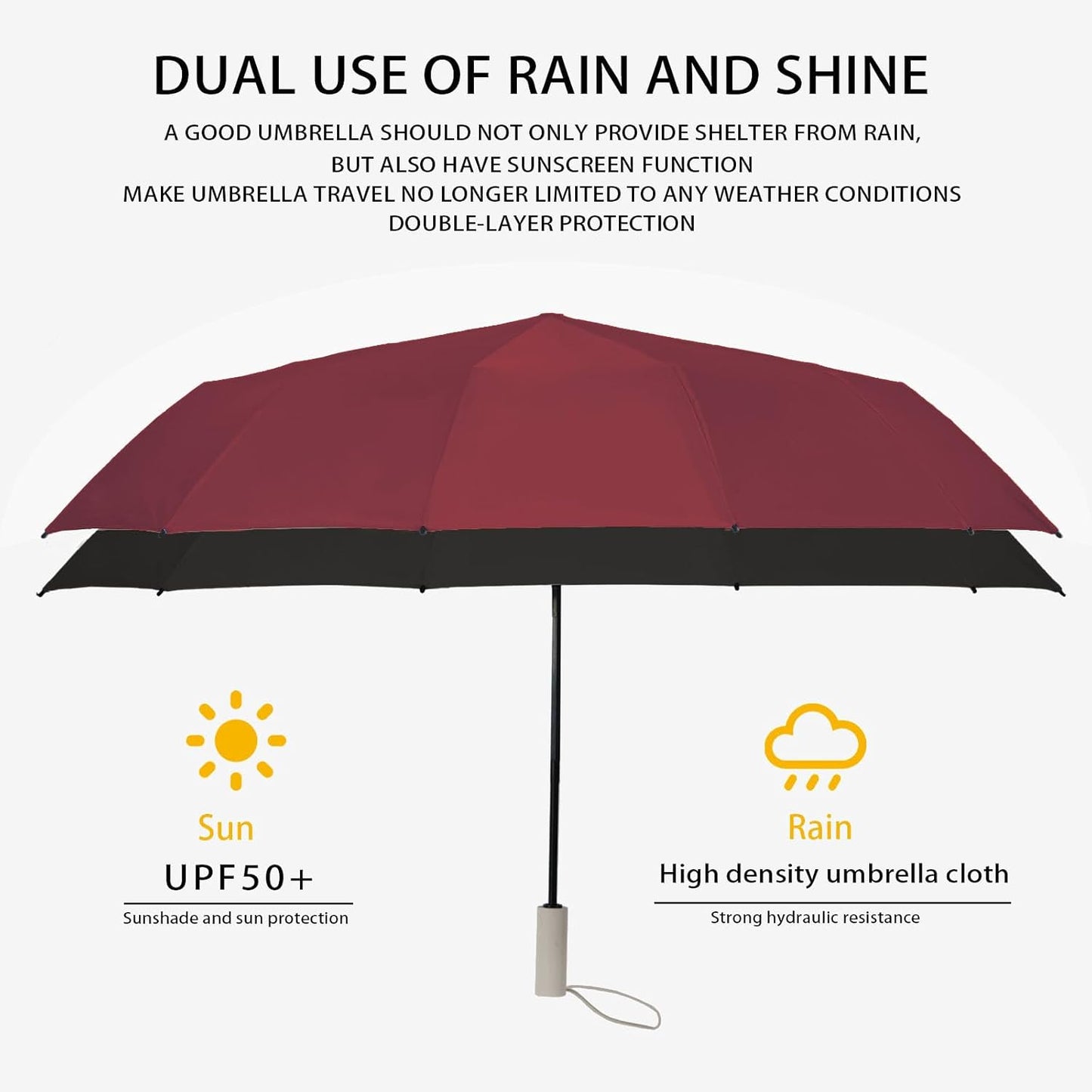Large Automatic Umbrella - Windproof Travel Compact Folding Umbrella with Automatic Open & Close for Men and Women -creamy-black