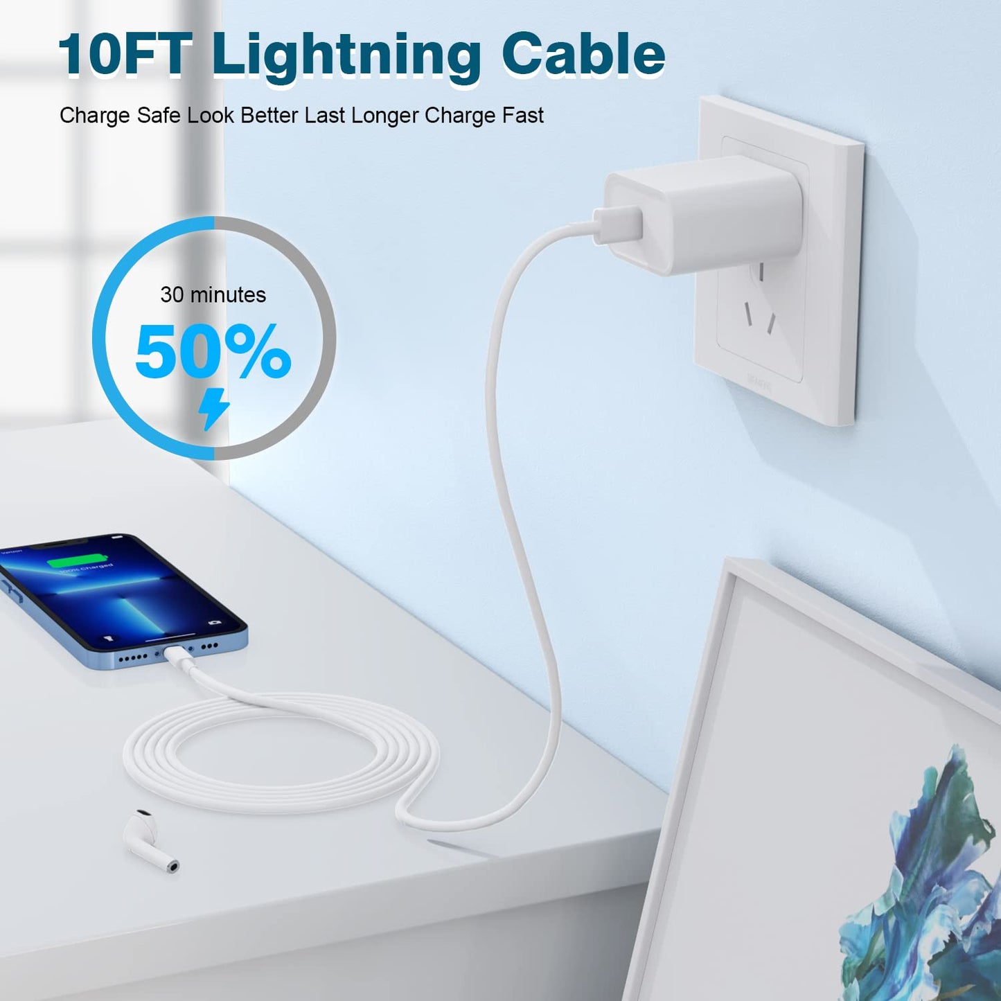 iPhone Fast Charger,Extra Long iPhone Charger Fast Charging 10Foot 2Pack i Phone Chargers 10FT USB C to Lightning Cable Cord Adapter for iPhone 14 Pro Max/14 Plus/13 Mini/13/12/11/X/XR/SE/iPad/AirPods
