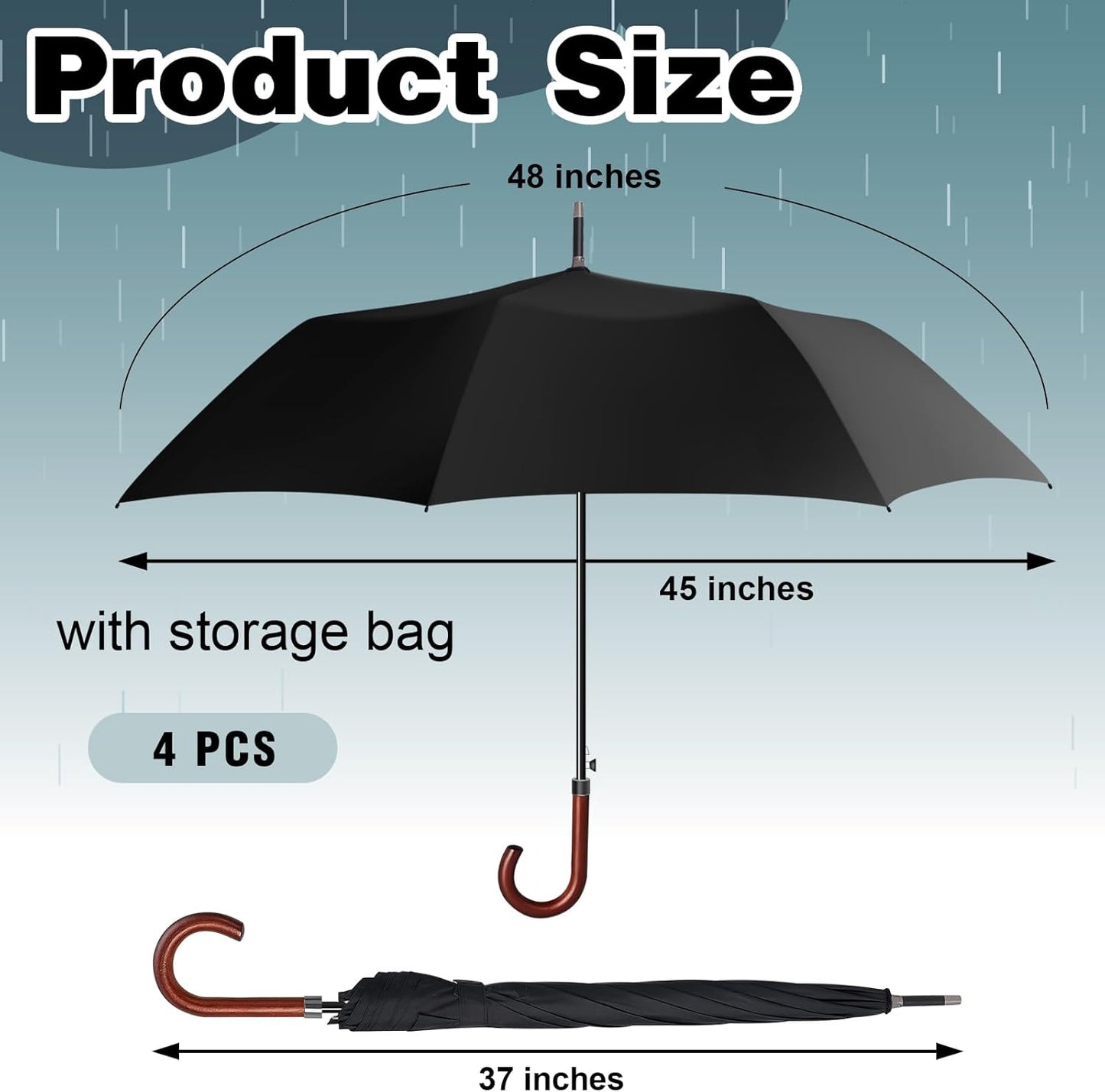 Silkfly 48 Inch Auto Open Umbrella Wooden J Stick Vintage Handle Windproof Unbreakable Wedding Fast Drying Rain Umbrella