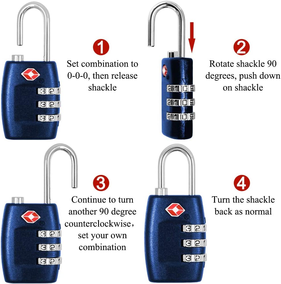 DanziX TSA Approved Lock and 4 Colors Stainless Steel Safety Tether，3-Dial Combination Travel Luggage Lock with Lanyard Security Cable for Protect Your Different Sizes of Suitcase,Baggage-Deep Blue