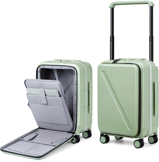 MILADA Wide Handle Carry On Luggage with Front Pocket Hardshell 20 Inch Front Opening Luggage with Spinner Wheels TSA Lock Aluminium Suitcase Airline Approved Carry-On Travel Luggage, Bamboo Green