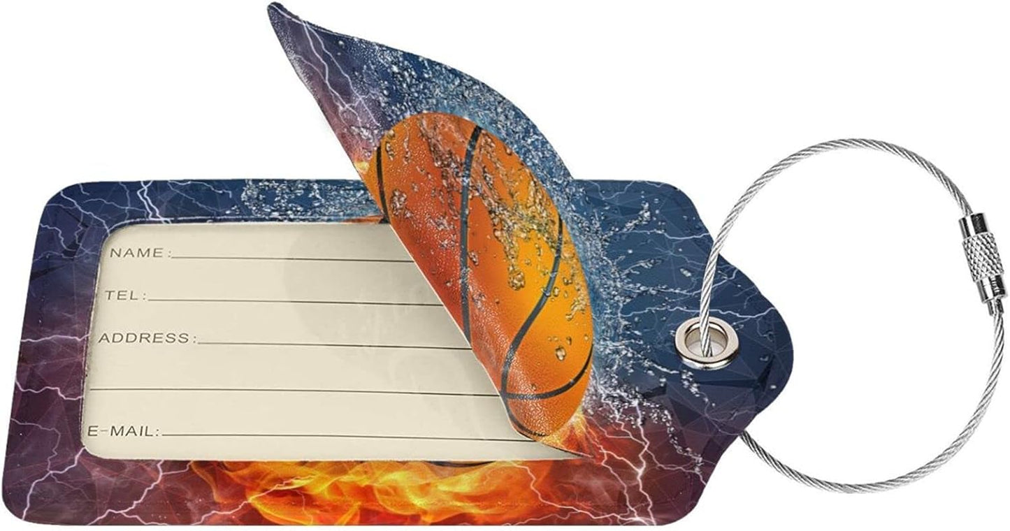 2 Pcs Basketball Luggage Tags for Boys Mens Suitcases for Travel, Sport PU Leather Name Labels Tag Bag Tags with Steel Stainless Loop and Full-Width Design Cover & Address Card