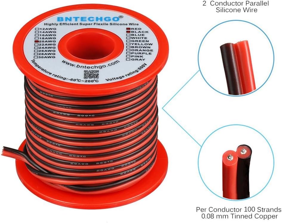 BNTECHGO 20 Gauge Flexible 2 Conductor Parallel Silicone Wire Spool Red Black High Resistant 200 deg C 600V for Single Color LED Strip Extension Cable Cord,Model,50ft Stranded Tinned Copper Wire