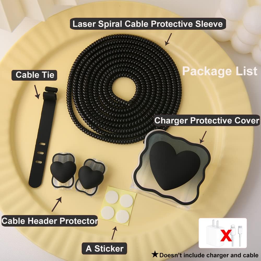 Compatible with iPhone 18W/20W USB-C Charger Cover Lovely 3D Love Heart Waves Clear Soft Charger Protector Cute Cable Saver for iPhone 11 12 13 14 Pro Max Fast Power Adapter, Black 1 (5in1)