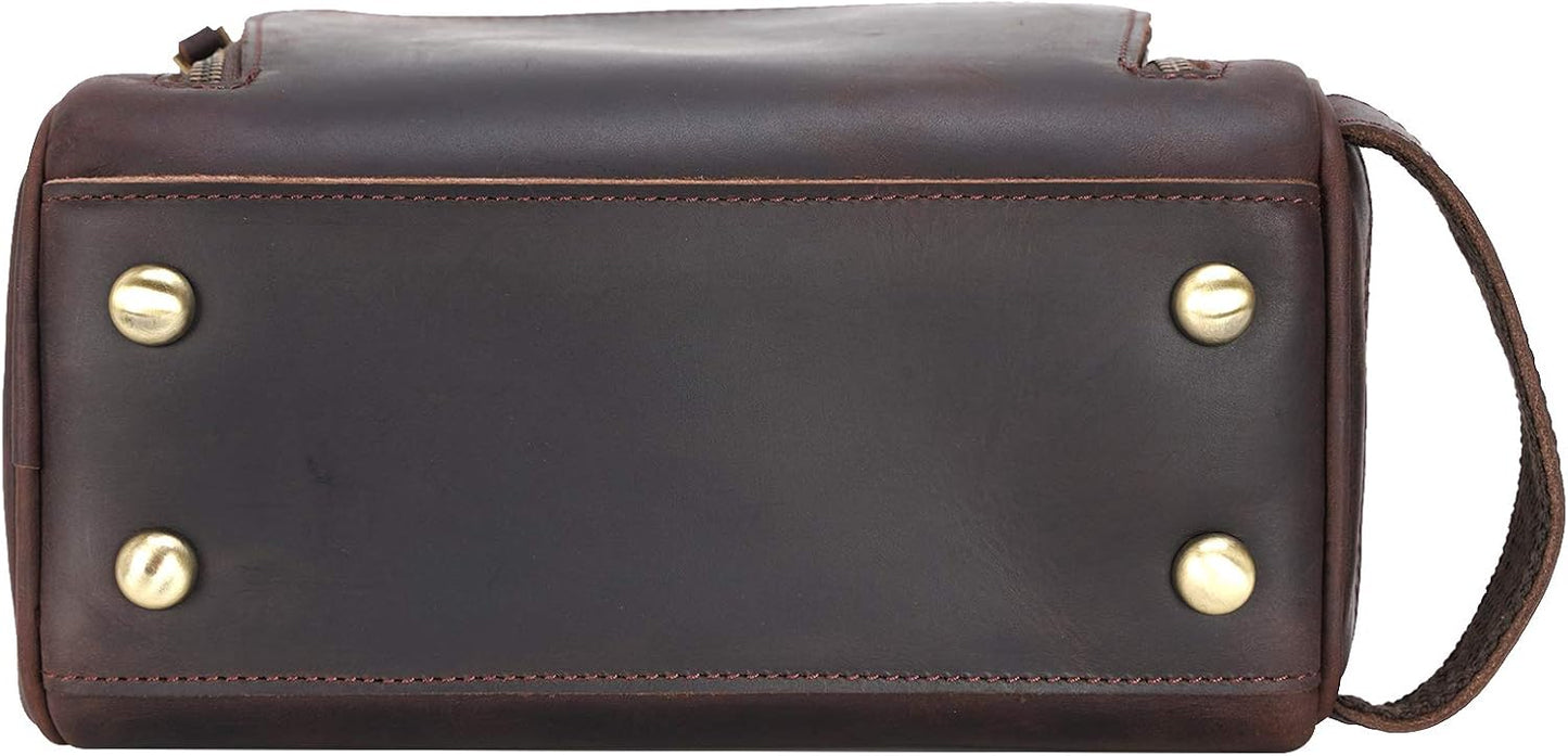 Polare Vintage Full Grain Leather Handmade Travel Toiletry Bag for Men - Dopp Kit - Shaving Kit with YKK Metal Zippers A-Dark Brown