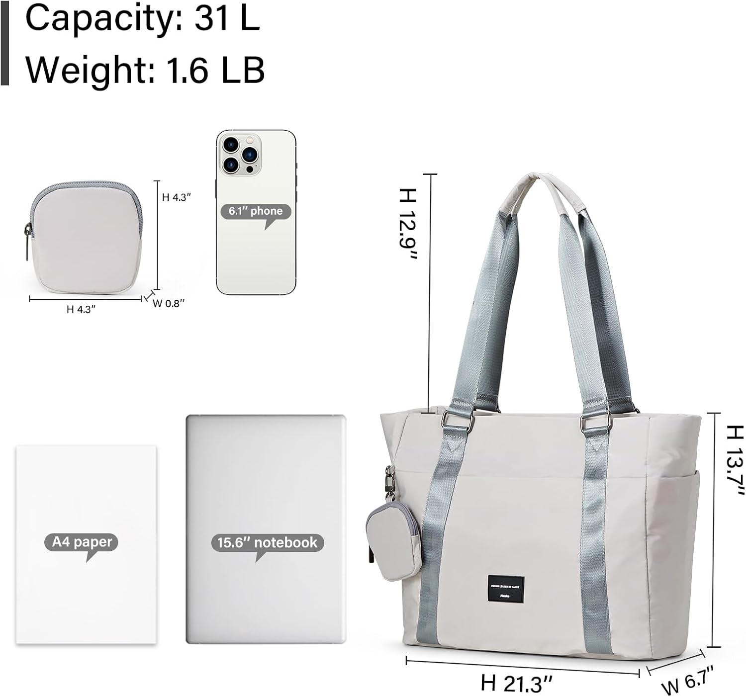Hanke Laptop Tote - Lightweight Nylon Shoulder Bag for Work, Travel, Sports & Gym - Dune Grey