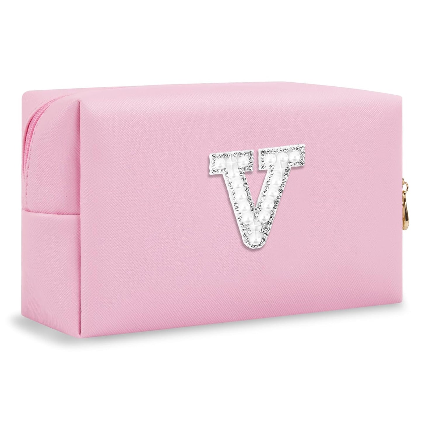ChaoGreat Bride Gifts – Personalized Initial Makeup Bag with Pearl Rhinestone Patch, Preppy Pink