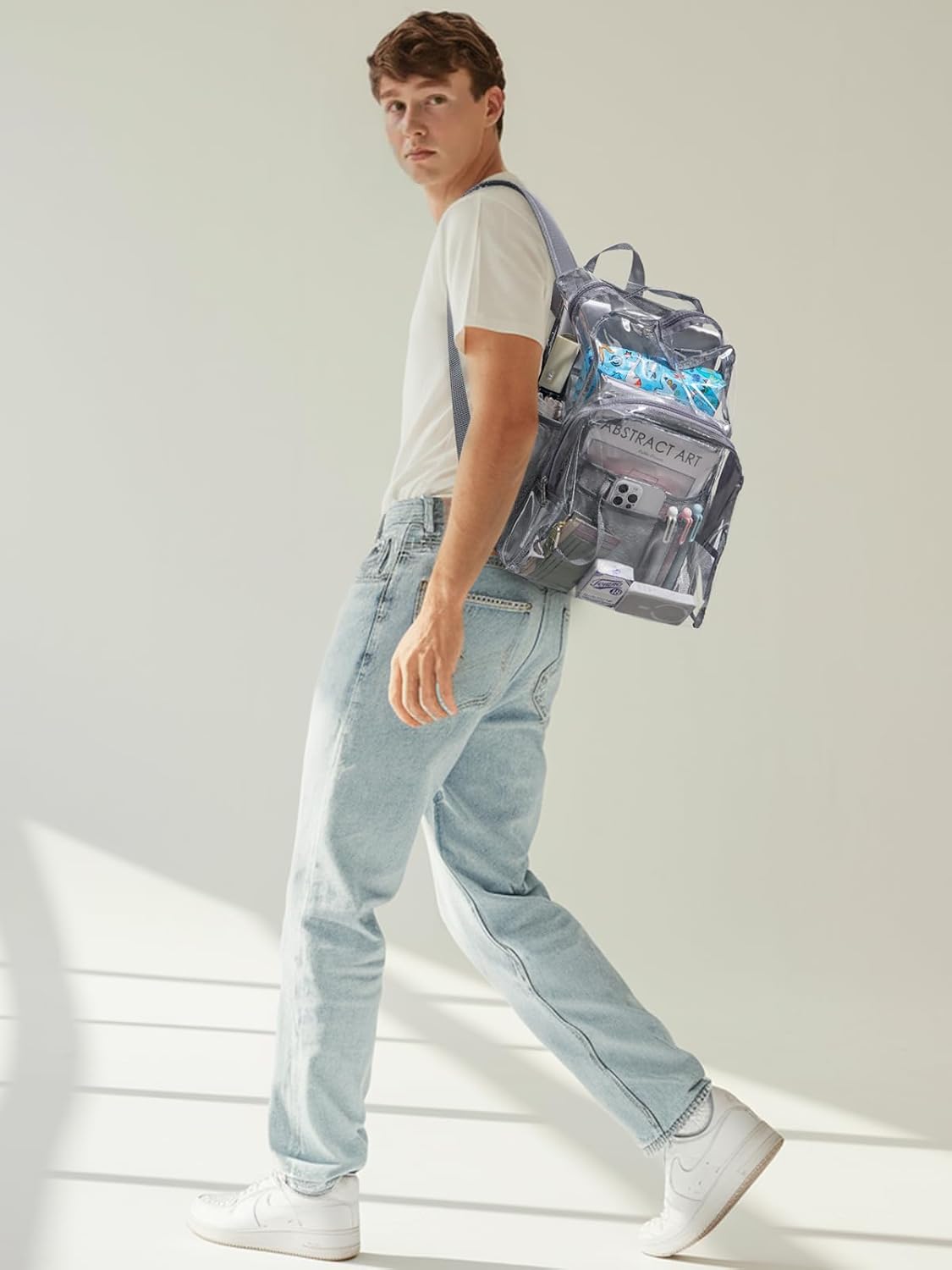 Clear Backpack for School, 17 inch Large Heavy Duty-TPU See Through Bookbag for Boys Girls and Adult, Transparent Backpack With Multi-Pockets for College Work Gym Sport, Light Grey