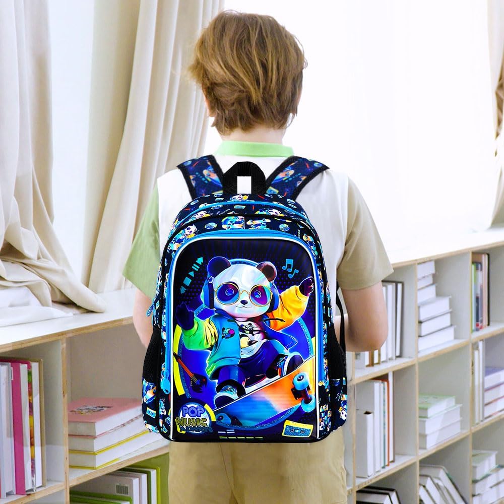 AGSDON 3PCS Kids Backpack for Boys, Panda Bookbag Preschool Kindergarten Elementary Backpacks with Lunch Box for Kids 6-8