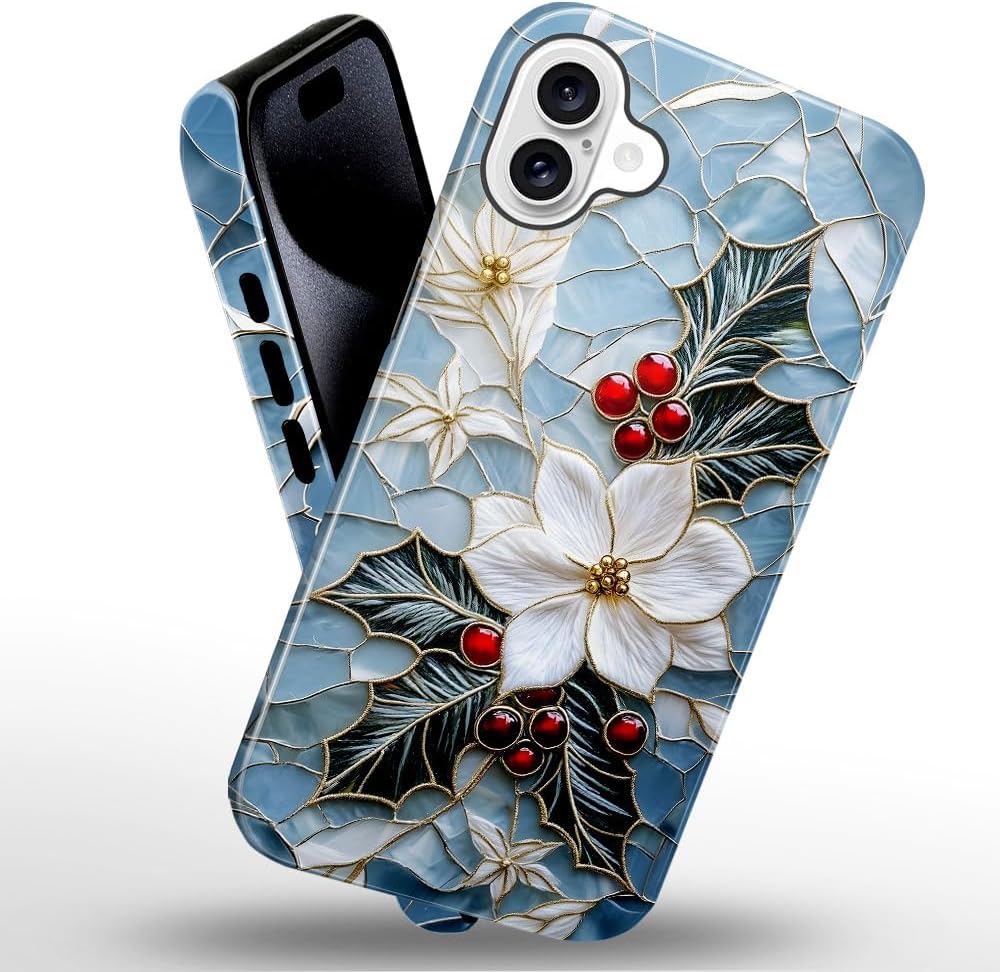 Case for iPhone 16 - Slim Fit Anti-Scratch Phone Case for Girl Women - Christmas Holly Elegant Winter Floral (Glossy)