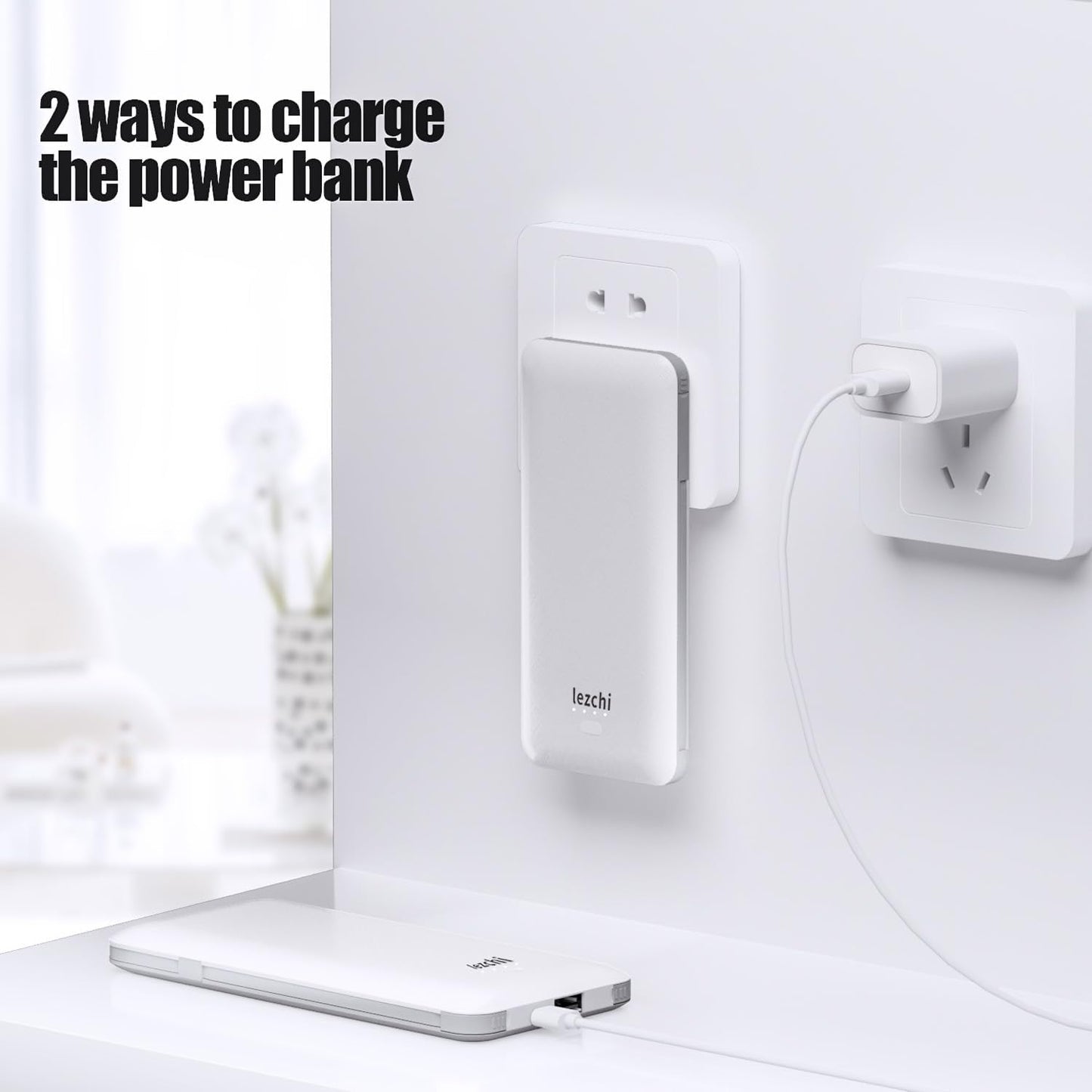 Portable Power Bank, Ultra Slim 10000mAh Portable Charger, USB C External Battery Pack with Built-in AC Plug, Charging Cable, Output Port, Compatible with All Kinds of Cellphones …