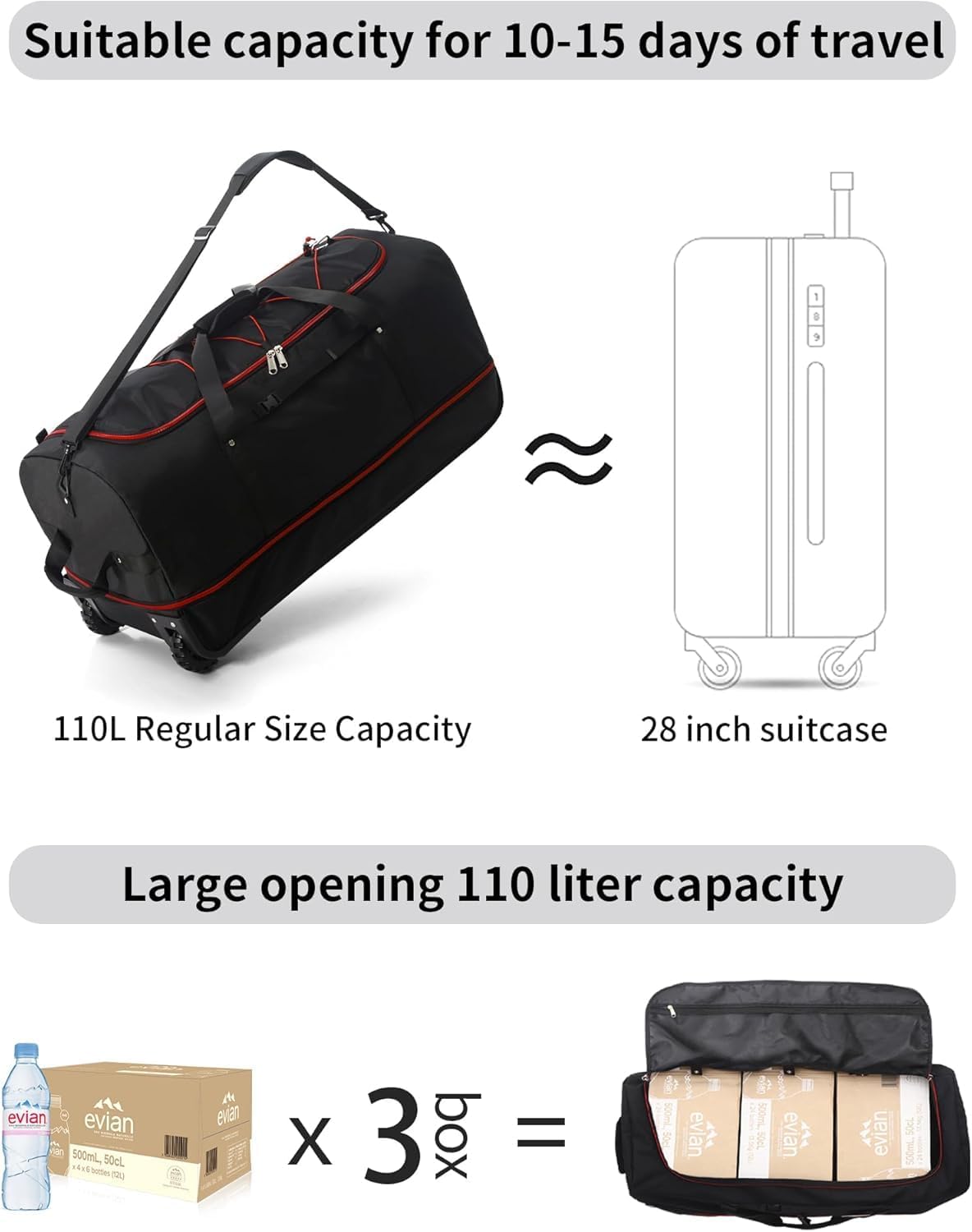 32" Soft-Sided Foldable Wheeled Travel Duffel Bag,Expandable 110L to 140L Rolling Cargo Bag with 2 Wheels and Multiple Pockets1 (Black Red)