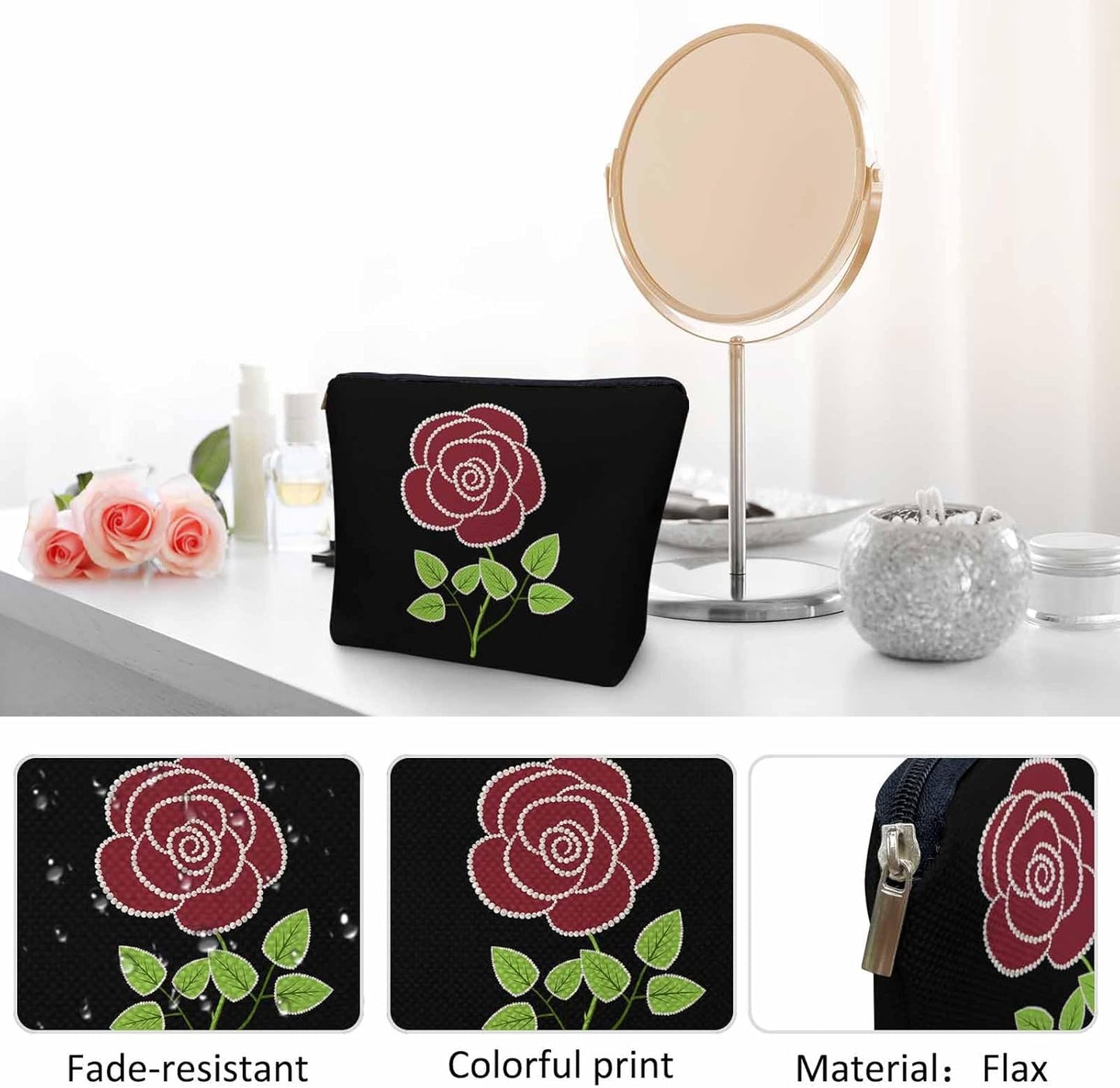 Women Cosmetic Bag Rose Pearl, Elegant Rose Beads Red Cute Makeup Bag For Purse Cosmetic Travel Bag For Toiletries Makeup Storage Bag Flax Skincare Bag Make Up Pouch Bags