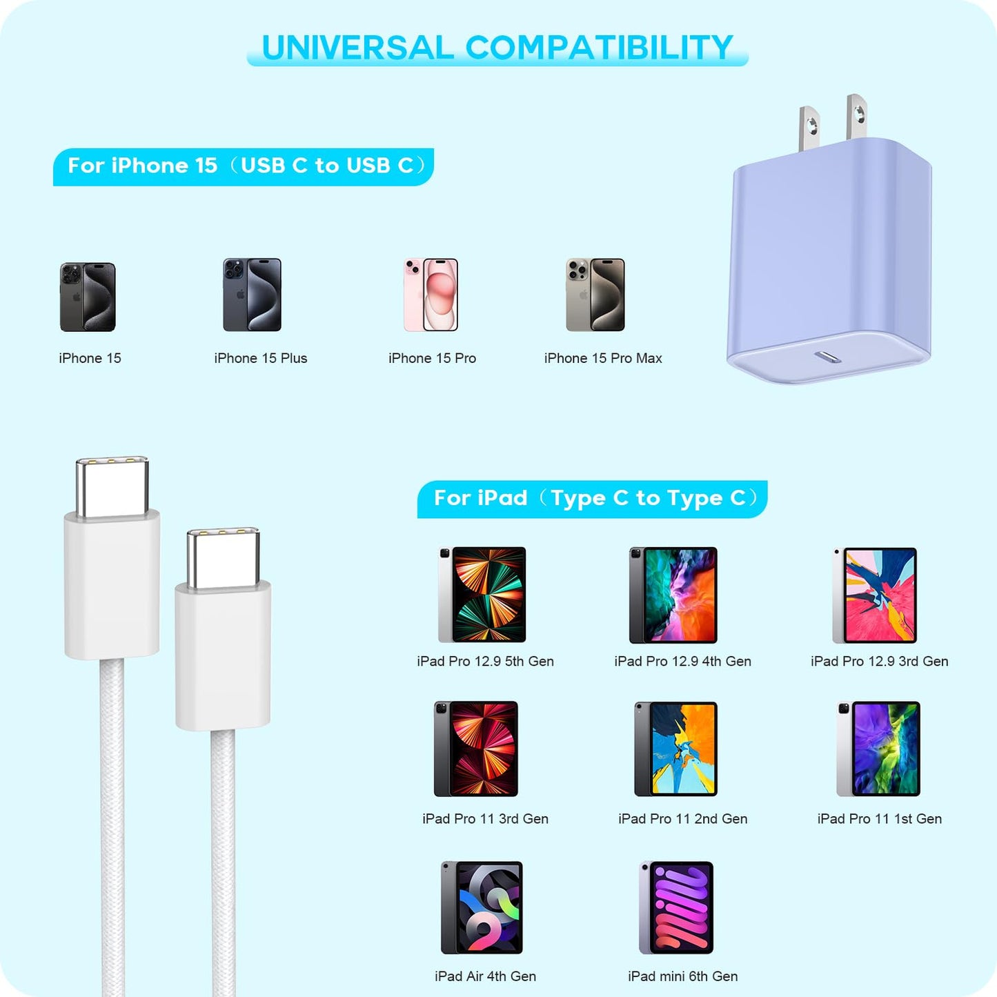 Apple iPhone 17 16 15 Charger Fast Charging [Apple MFi Certified]3Pack 20W USB Type C Charging Block with Long 6 FT Fast Charging Cable for iPhone 17/17 Air/16Pro/Pro Max,iPhone 15/15 ProMax/Plus/iPad