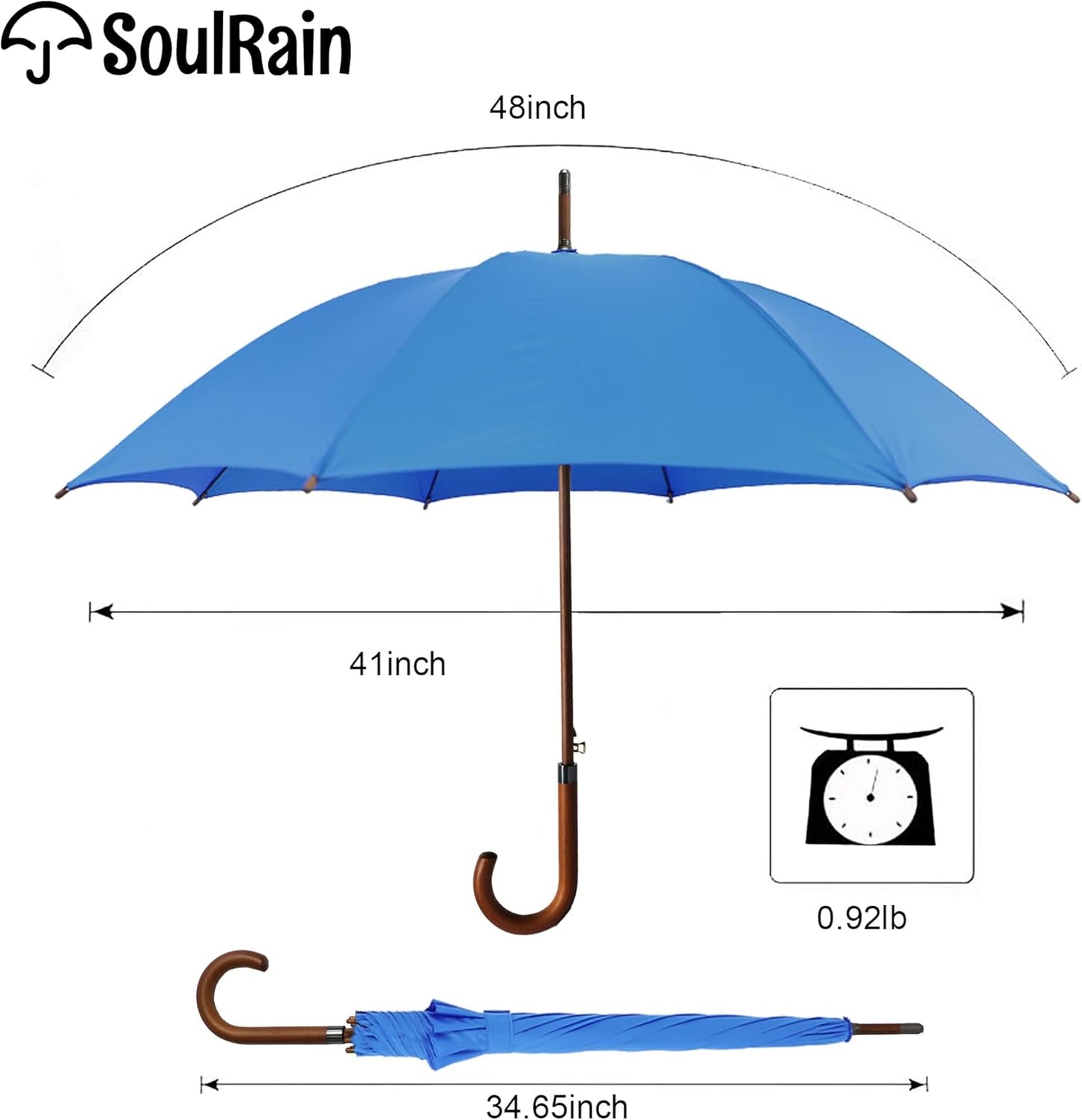 SoulRain 48" Large Umbrella –Windproof Stick Umbrellas for Rain, Automatic Open, Vintage Cane Royal Blue Umbrella with Classic Wooden Handle & Shaft, for Women & Men(Royal Blue)