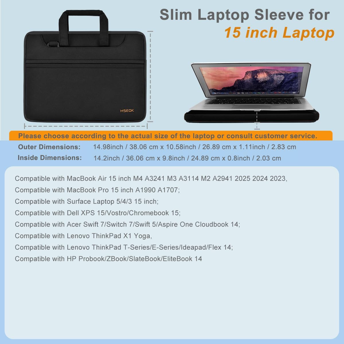 Laptop Case 15 inch Shoulder Bag Compatible with MacBook Air 15 M4 A3241 M3 A3114 M2 A2941 2025 2024 2023, XPS 15, HP Dell ASUS Lenovo and Most 15 inch Notebooks,Black