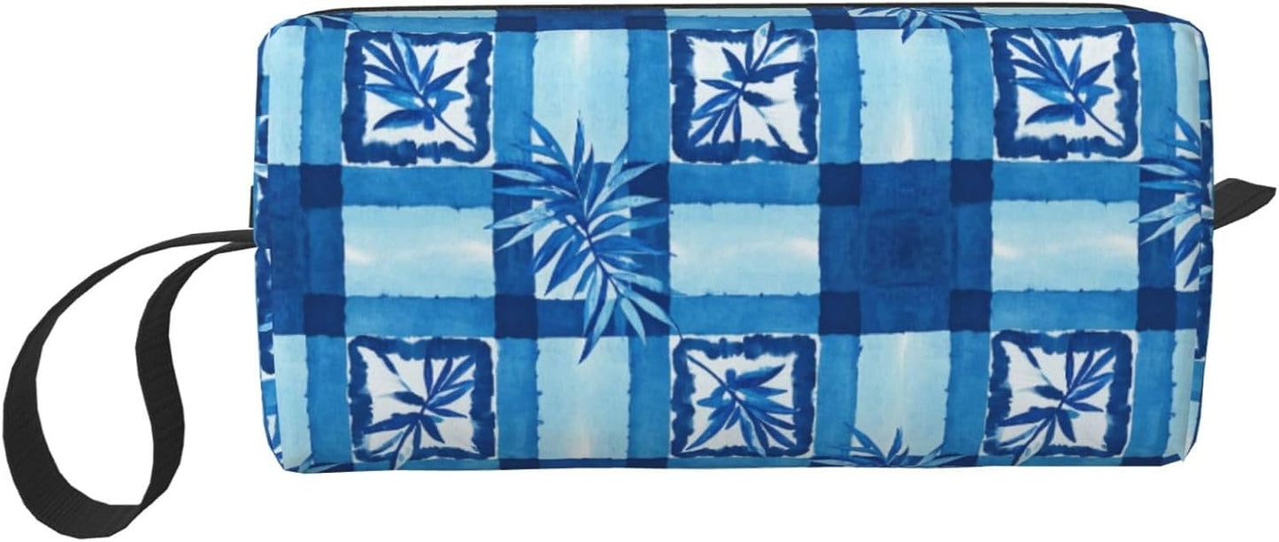 Blue Geometric Bamboo Leaf Makeup Bag Small Compact Durable Travel Cosmetic Bag Organizer Oxford Fabric Multi-Purpose Storage Perfect for Travel, Gym, Daily Use