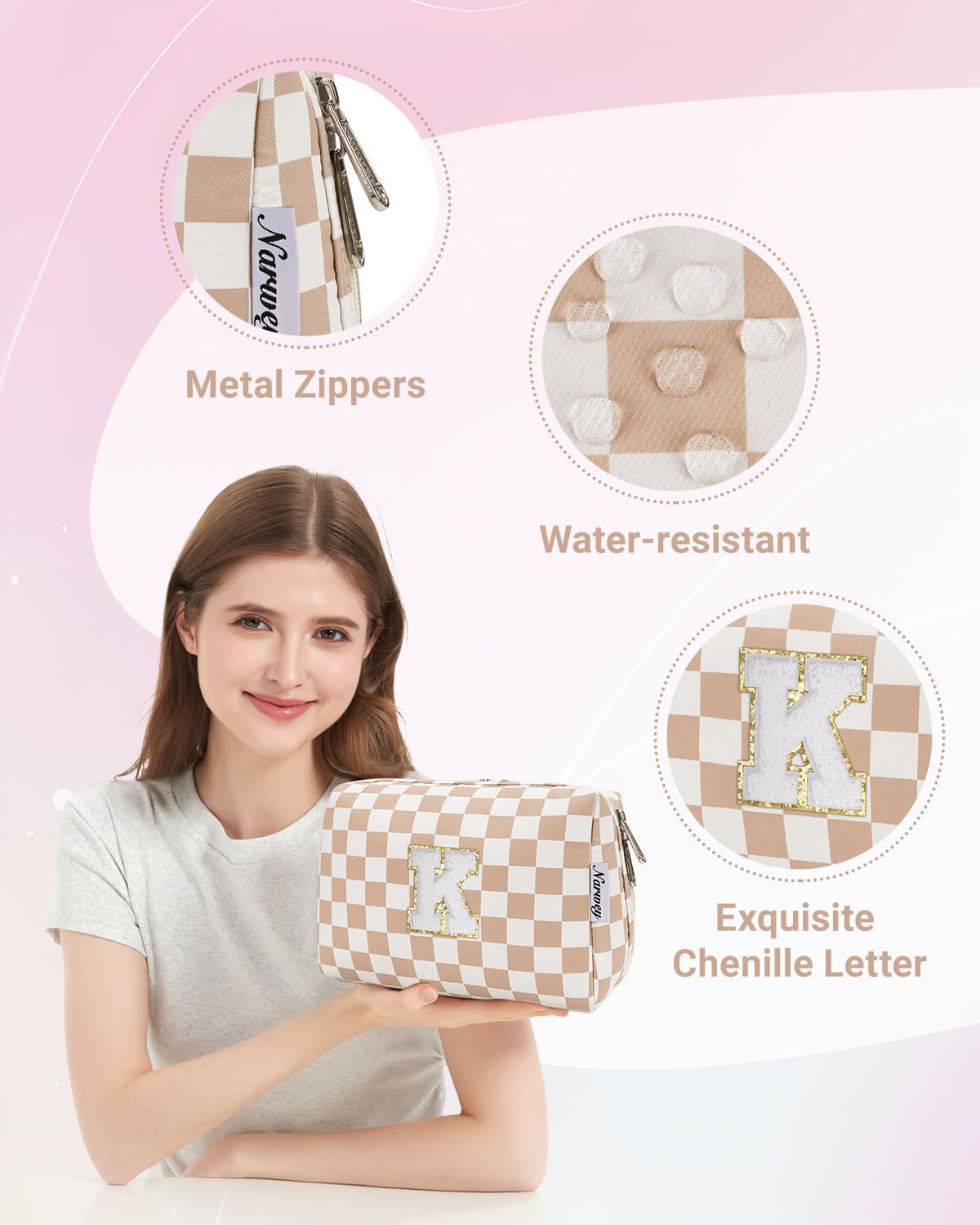 Narwey Birthday Gifts for Women Teen Girls Kids Personalized Initial Checkered Makeup Bag Cute Cosmetic Bag Trendy Stuff 6 8 10 11 12 13 14 16 18 Years Old Travel Toiletry Bag (Brown Letter K)