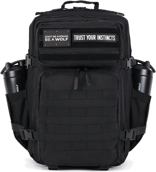 WOLFpak 45L Athletic Gym Backpack - Durable 1000D Waterproof Oxford Material with MOLLE Webbing, Laptop Pocket & Dual Cup Holders, Durable Fitness/Travel/Military Daypack (Alpha Black)